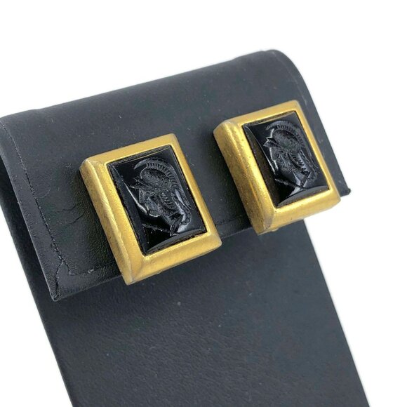 Clip On Earrings, Square Black Glass Intaglio Earrings, Vintage Clips - Picture 3 of 11